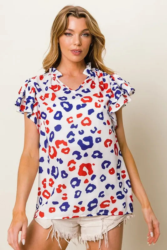 BiBi Leopard Notched Ruffled Cap Sleeve Blouse