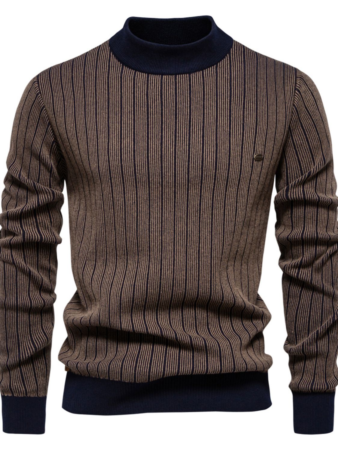 Men's Mock Neck Contrast Striped Sweater