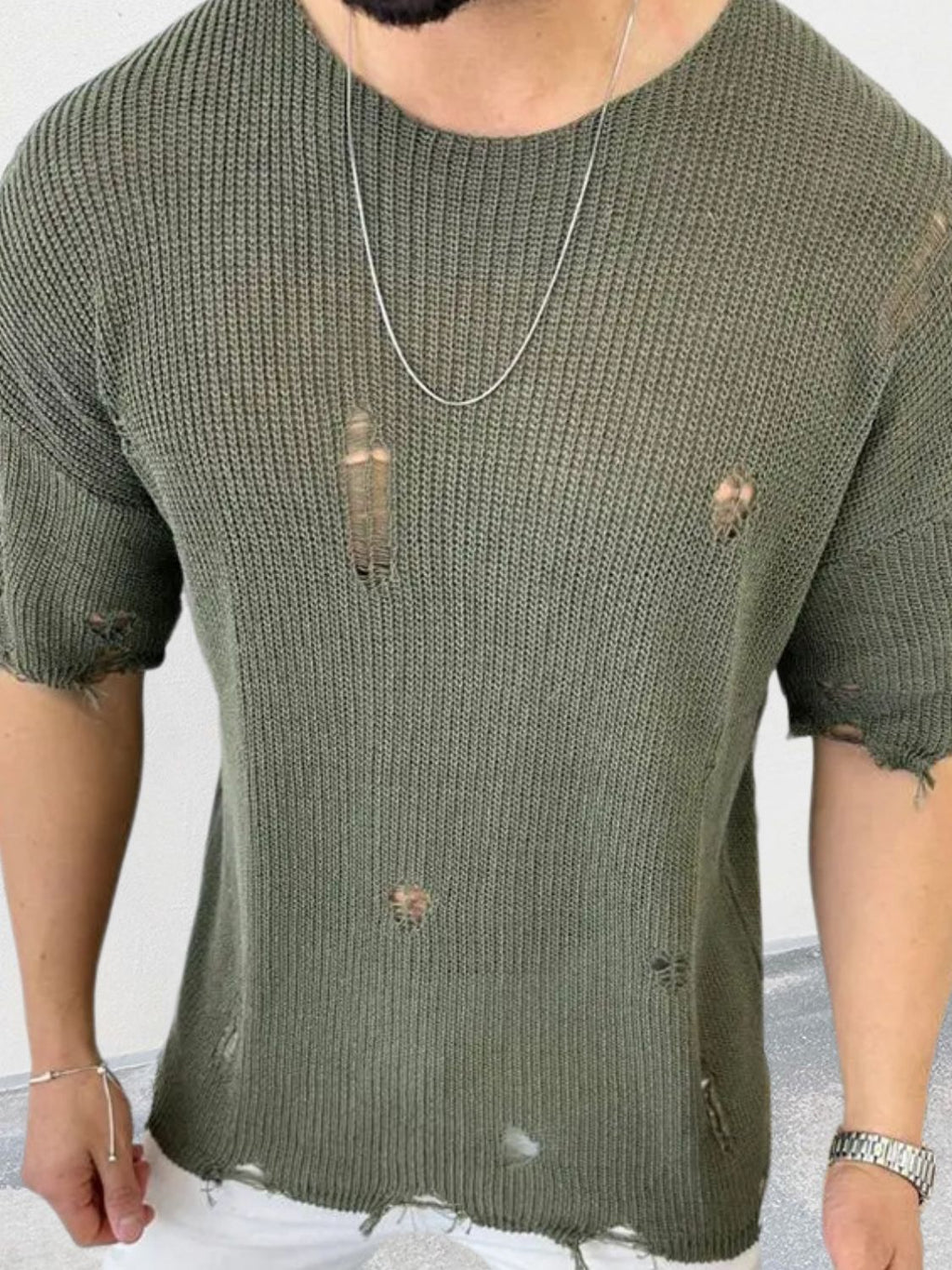 Men's Distressed Round Neck Knit Top
