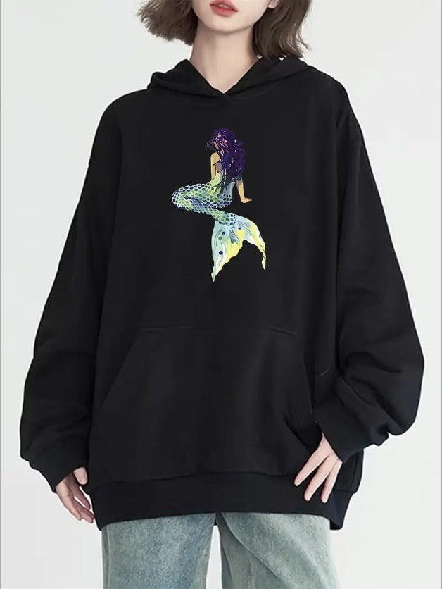 Women's Casual Mermaid Print Hoodie With Kangaroo Pocket - Long Sleeve,Machine Washable