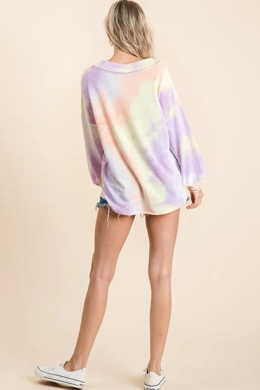 BiBi Tie Dye French Terry V-Neck Top with Puff Sleeves