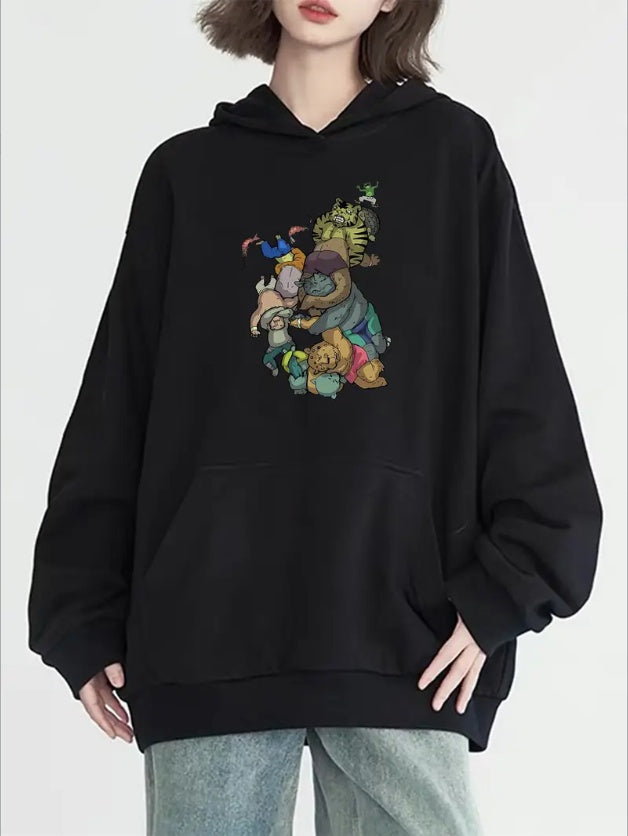 Women's Casual  Hoodie With Pocket  All-Season Hooded Sweatshirt With Cartoon Graphic Print Pullover With Kangaroo Pocket