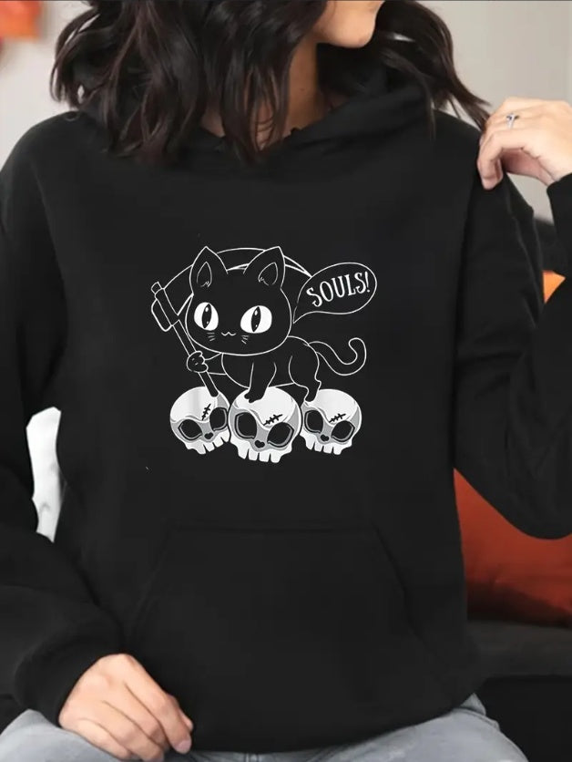 Cat Death And Skeleton Cat Stole Your Soul - Halloween Print, Kangaroo Pocket Drawstring Hoodie, Autumn And Winter Casual Long Sleeve Hooded Sweatshirt, Women's Fashionable Versatile Sportswear