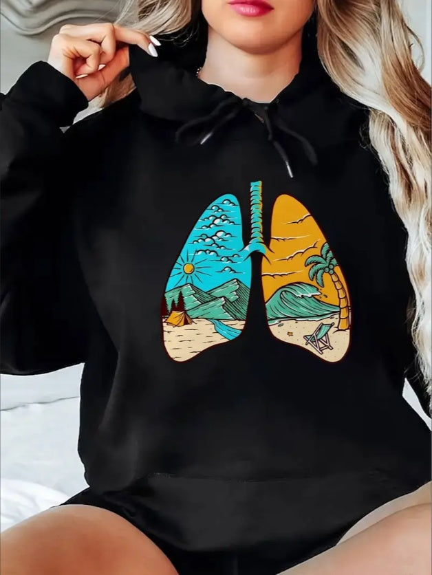 Women's Comfy Hoodie With Unique Lung & Sun Print - Casual Pullover Sweatshirt, Classic Design
