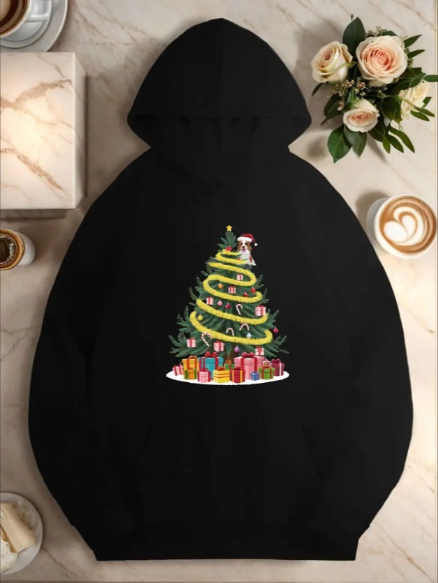 Plus Size Christmas Tree Active Hoodie For Women,  Casual Style, Geometric Pattern,With Pocket Detail, For Fall Winter Season Hooded Sweatshirt