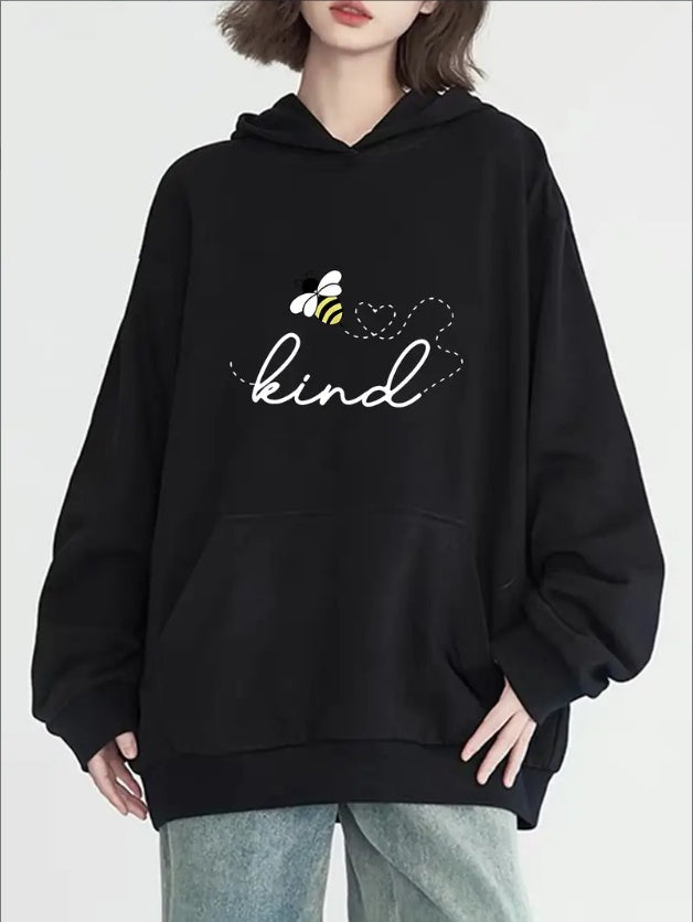Women's Casual Bee & Letter Print Hoodie - Long Sleeve, Round Neck With Pockets, Cozy Pullover For Fall & Winter