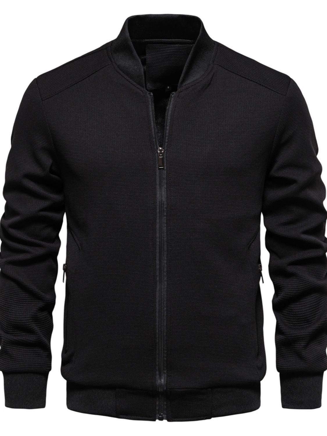 Men's Waffle Knit Baseball Collar Zip Up Jacket
