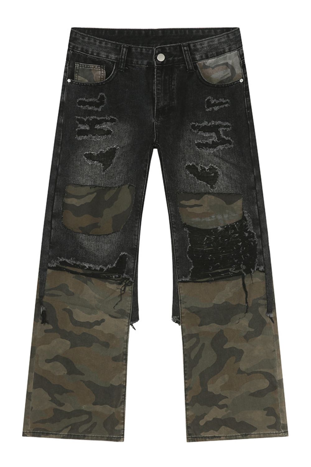 Distressed Camouflage Patchwork Jeans