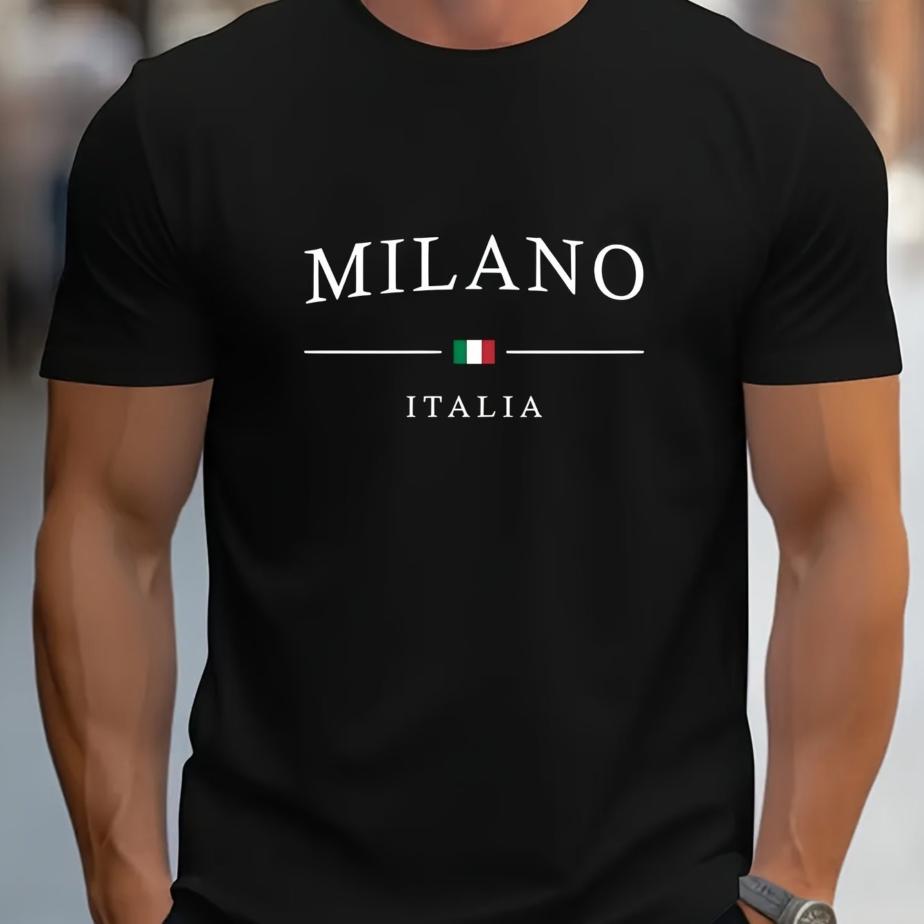 Milano Patterned Printed Men's T-shirt, Comfortable And Elastic Round Neck T-shirt, Perfect For Summer Outdoor Activities, Fashionable Streetwear, Men's Casual Tops