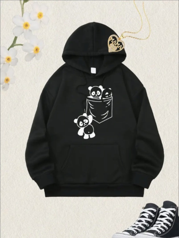 Women'S Christmas Panda Print Hoodie, Casual Pullover Long Sleeve Hooded Sweatshirt With Pocket, Fashionable All-Season  Hooded Top For Adults