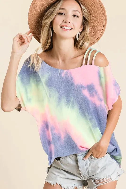 BiBi Tie Dye French Terry Strapped One Shoulder Top