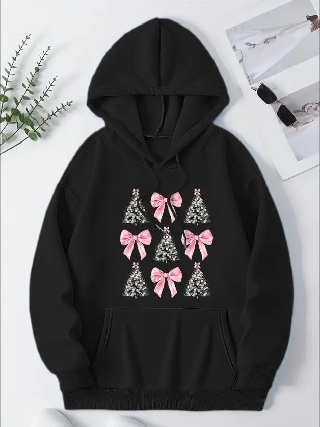 Women'S Christmas Tree & Pink Bow Print Hoodie, Casual Polyester Knit Fabric Hooded Sweatshirt, With Pocket, For Daily Wear And Holiday Festivities