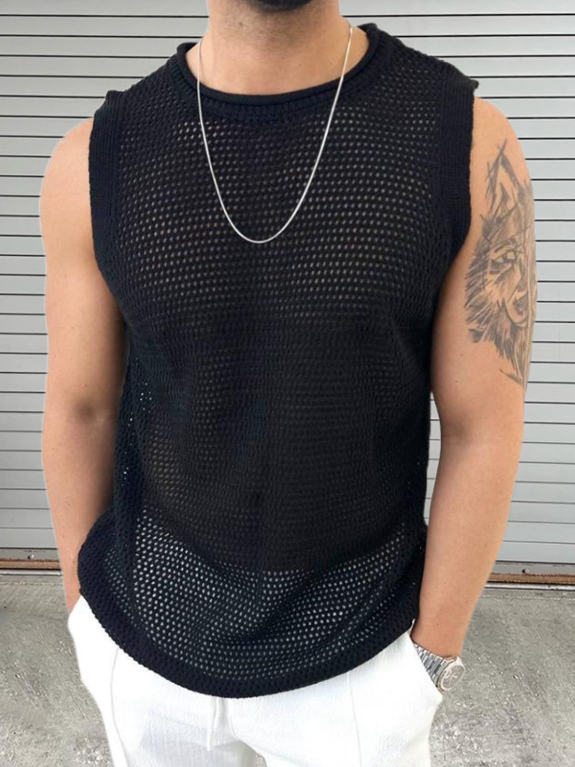 Men's Openwork Round Neck Sleeveless Knit Top