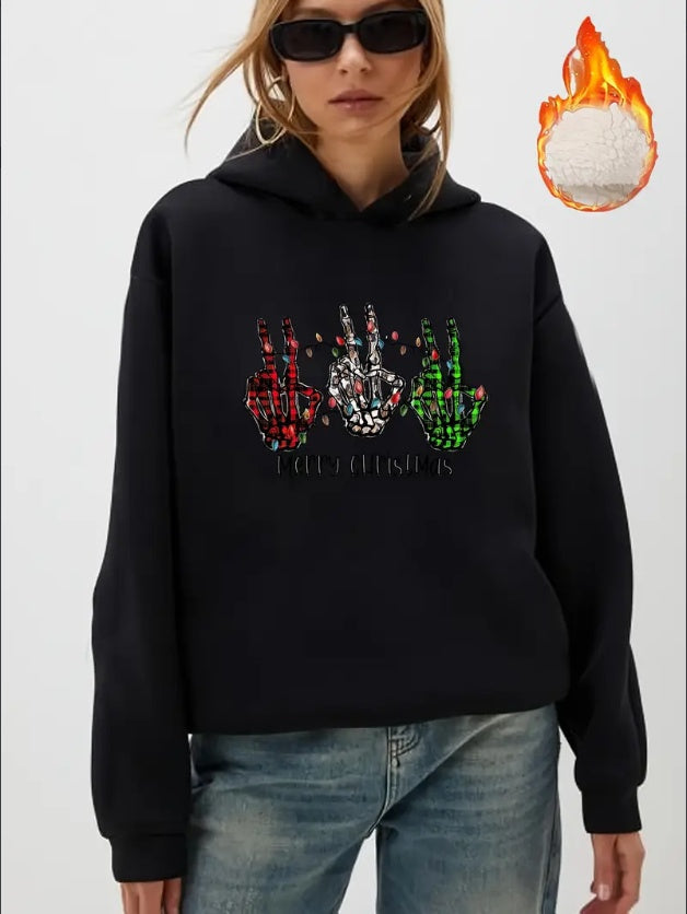 Cozy Fleece-Lined Hoodie For Women - Casual Pullover With Kangaroo Pocket, Long Sleeve, Drawstring Hooded Sweatshirt In Festive Prints Halloween, Christmas, Animal, Fruit & Floral Designs - Machine W