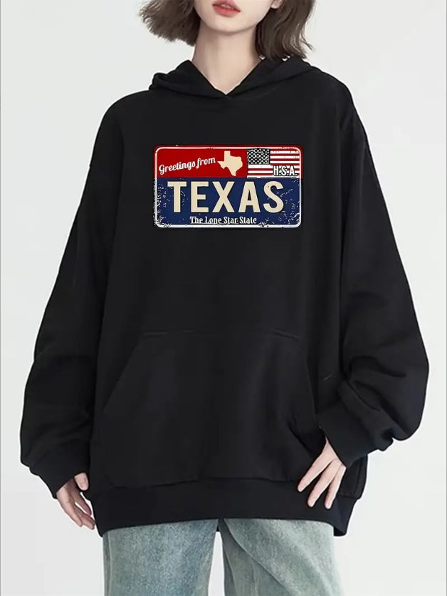 Texas Greetings License Plate Hoodie - Women's Long Sleeve Pocketed Sweatshirt