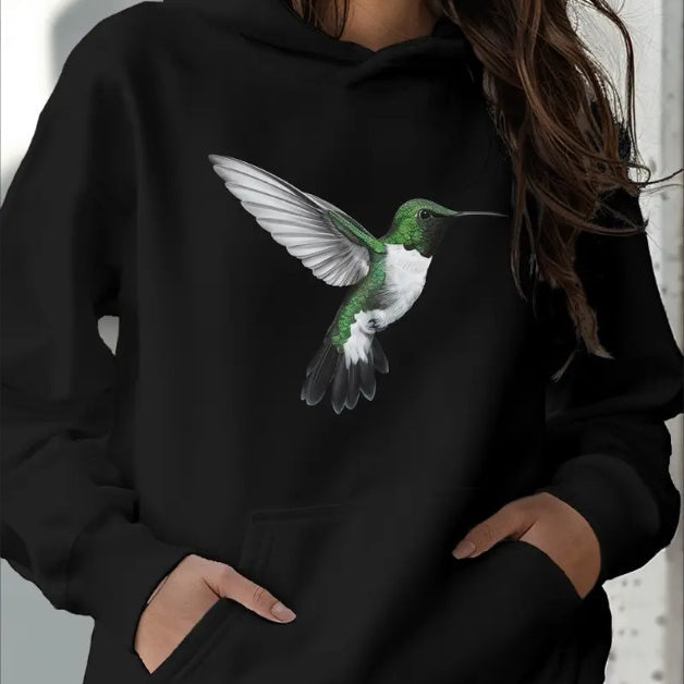 Women's Casual Hoodie With Geometric Hummingbird Print Machine Washable, Kangaroo Pocket, Long Sleeve Pullover Sweatshirt For Fall Winter