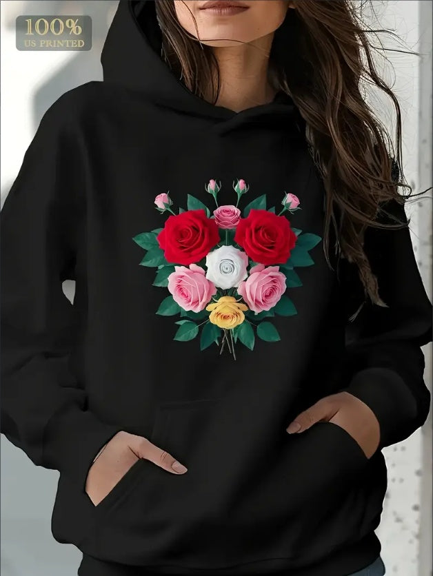 Women'S Floral Print Hoodie - Casual Long Sleeve Pullover With Kangaroo Pocket, Hooded Collar, And Drawstring - Fall Winter Loose Fit Fashion Sweatshirt