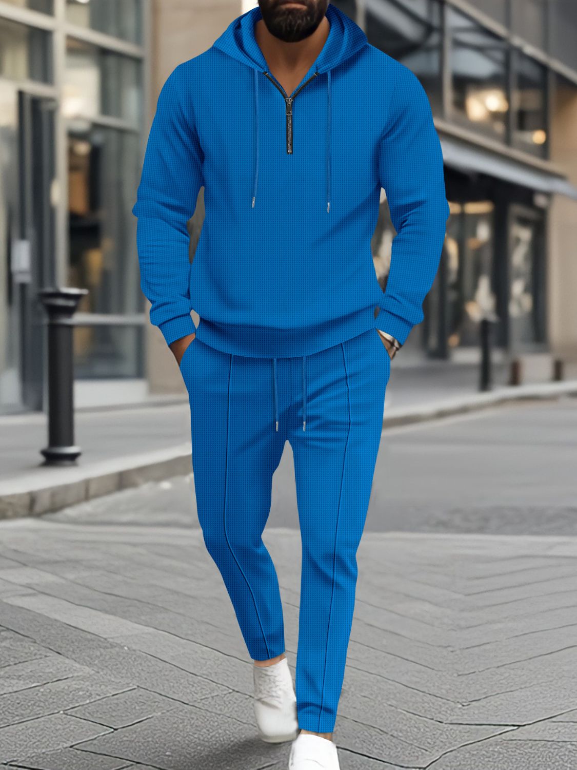 Men's Full Size Waffle-Knit Half Zipper Hoodie and Pants Set Plus Size