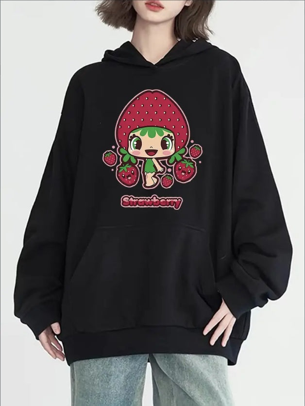 Women's Cute Strawberry Print Hoodie With Kangaroo Pocket - Casual Long Sleeve Pullover, Cozy  Sweatshirt For Fall & Winter, Machine Washable