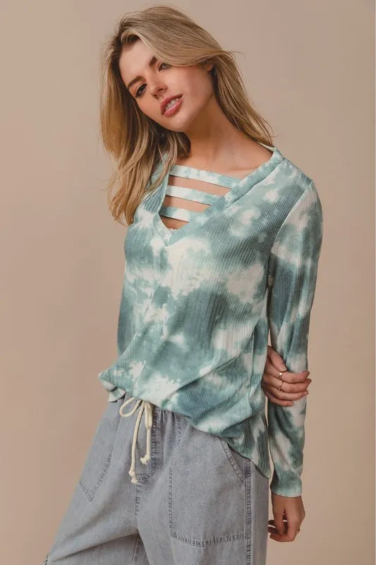 BiBi Variegated Tie Dye Rib V-Neck Top with Strapped